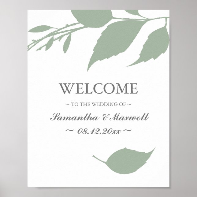 Minimalistic Green Leaves Wedding Welcome Poster (Front)