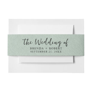 Minimalistic Green Linen Texture Black Script  Invitation Belly Band