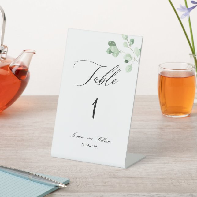Minimalistic Greenery Wedding Table Number Pedestal Sign (In SItu)