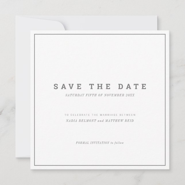 Minimalistic grey white square photo wedding save the date (Front)