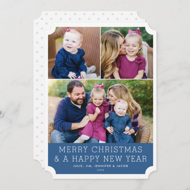 Minimalistic Grid 3 Photo Blue Holiday Card (Front/Back)