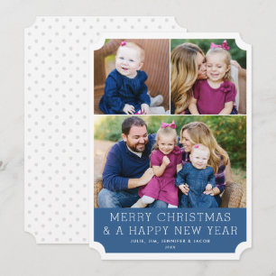 Minimalistic Grid 3 Photo Blue Holiday Card