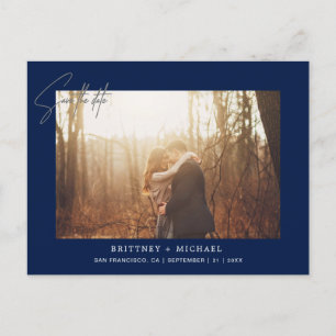 Minimalistic Hand-Lettered Photo Navy Blue Announcement Postcard