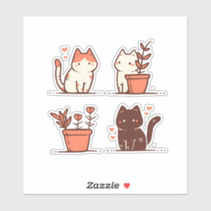 Minimalistic Kawaii Chibi Cats with Plants