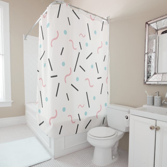 Minimalistic memphis pattern shower curtain (In Situ)