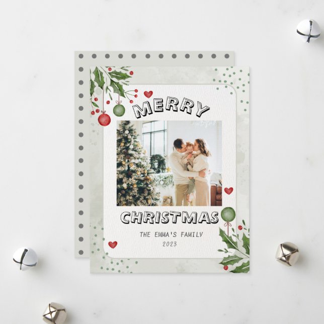 Minimalistic Merry Christmas Family Photo Holiday Card (Front/Back In Situ)