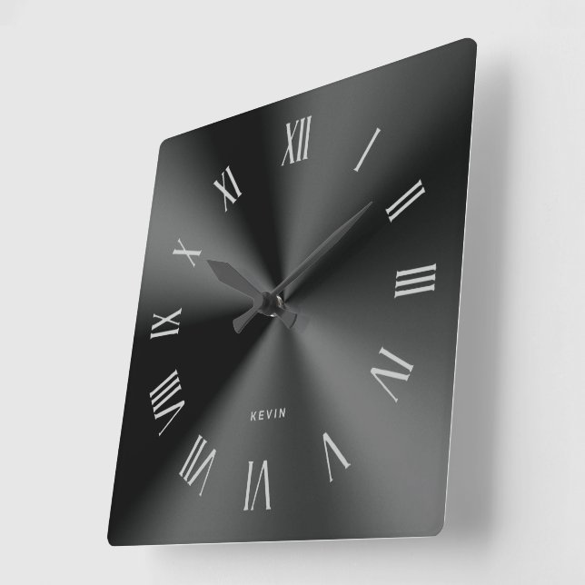Minimalistic metallic black grey roman numerals square wall clock (Angle)