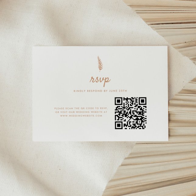 Minimalistic Modern Beige Leaf QR Code Wedding RSVP Card (Creator Uploaded)