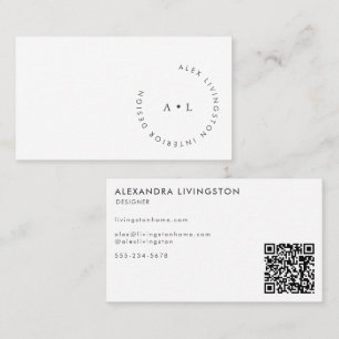 Minimalistic Modern Black White Circle Monogram QR Business Card
