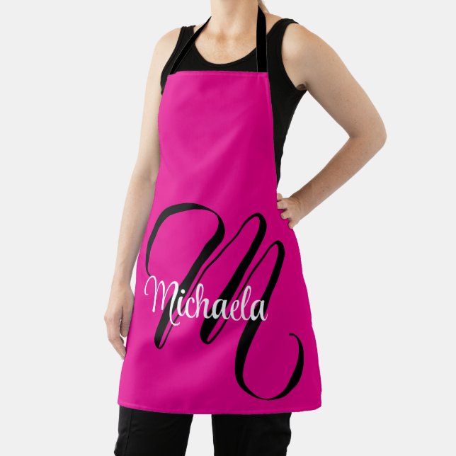 Minimalistic modern monogram initial name hot pink apron (Insitu)