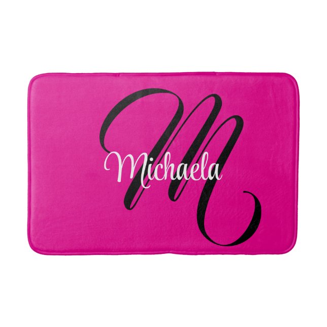 Minimalistic modern monogram initial name hot pink bath mat (Front)