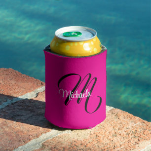 Minimalistic modern monogram initial name hot pink can cooler