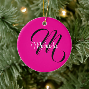 Minimalistic modern monogram initial name hot pink ceramic tree decoration
