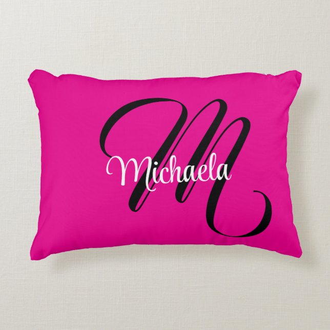 Minimalistic modern monogram initial name hot pink decorative cushion (Front)