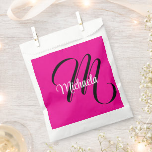 Minimalistic modern monogram initial name hot pink favour bags