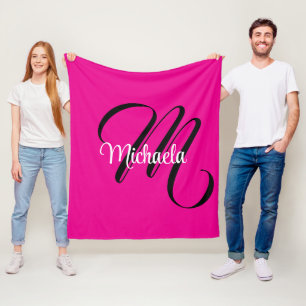 Minimalistic modern monogram initial name hot pink fleece blanket