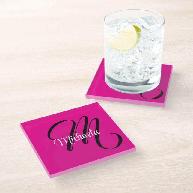 Minimalistic modern monogram initial name hot pink glass coaster (Angled)