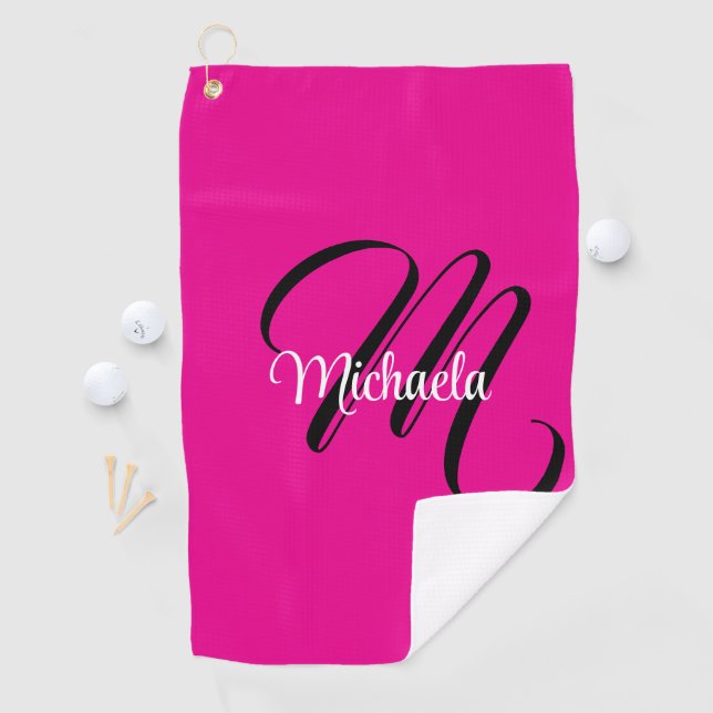 Minimalistic modern monogram initial name hot pink golf towel (InSitu)