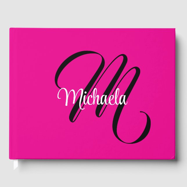 Minimalistic modern monogram initial name hot pink guest book (Front)