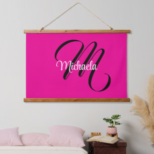 Minimalistic modern monogram initial name hot pink hanging tapestry