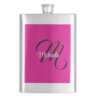 Minimalistic modern monogram initial name hot pink hip flask