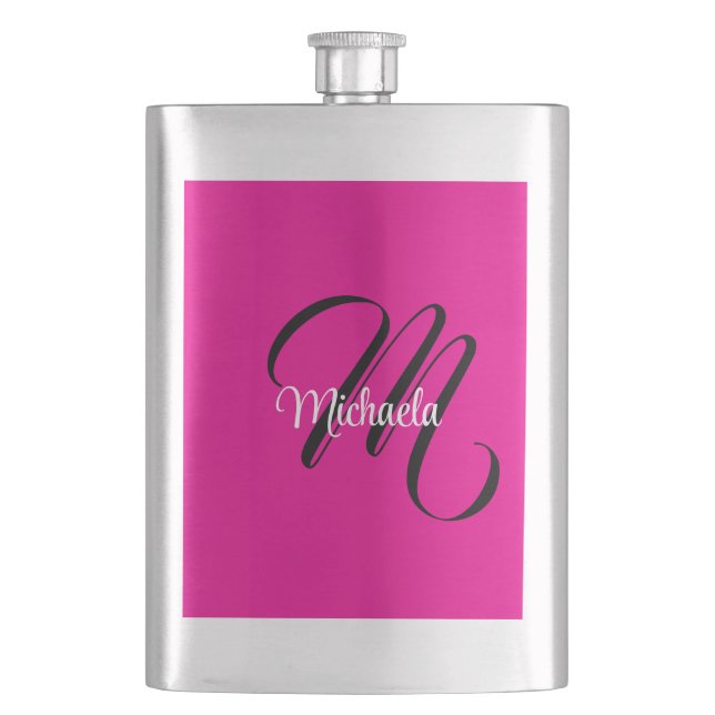 Minimalistic modern monogram initial name hot pink hip flask (Front)