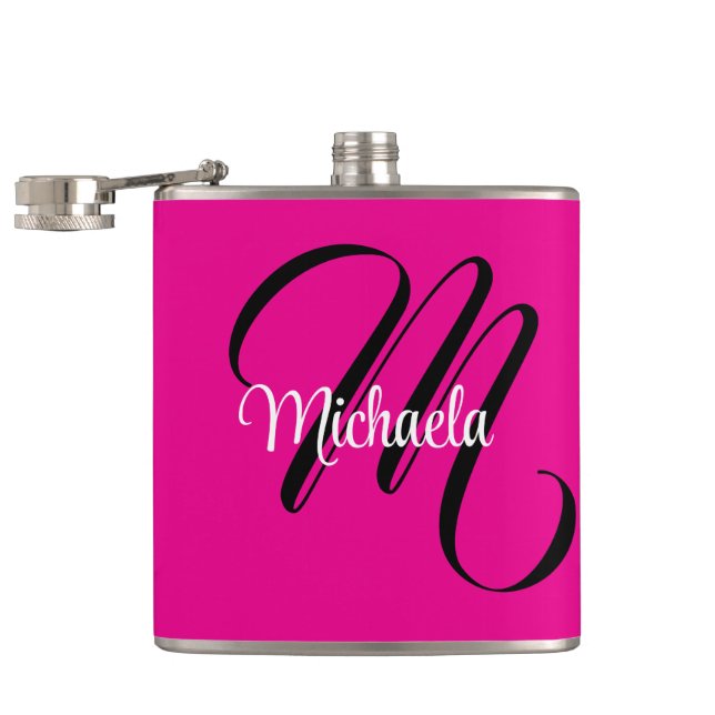 Minimalistic modern monogram initial name hot pink hip flask (Opened)