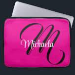 Minimalistic modern monogram initial name hot pink laptop sleeve<br><div class="desc">Minimalistic modern monogram initial name black white. Personalizable custom name with a cursive initial behind on a hot pink colour.</div>