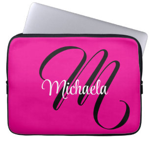 Minimalistic modern monogram initial name hot pink laptop sleeve