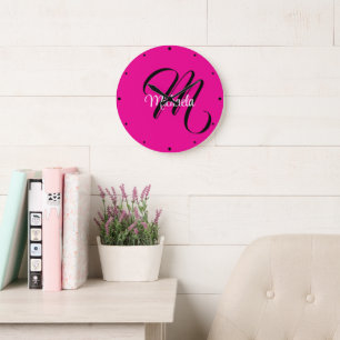 Minimalistic modern monogram initial name hot pink large clock