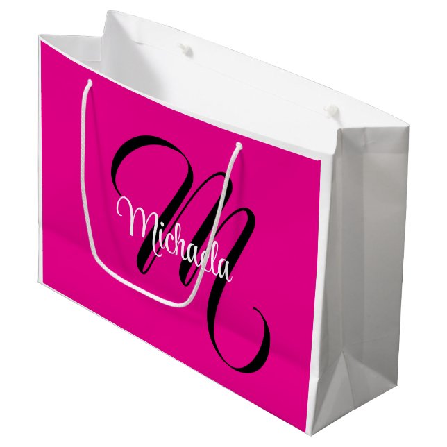 Minimalistic modern monogram initial name hot pink large gift bag (Front Angled)
