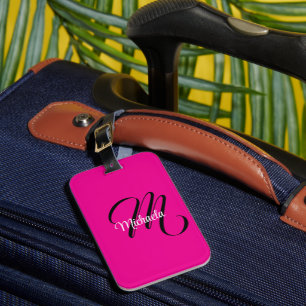 Minimalistic modern monogram initial name hot pink luggage tag