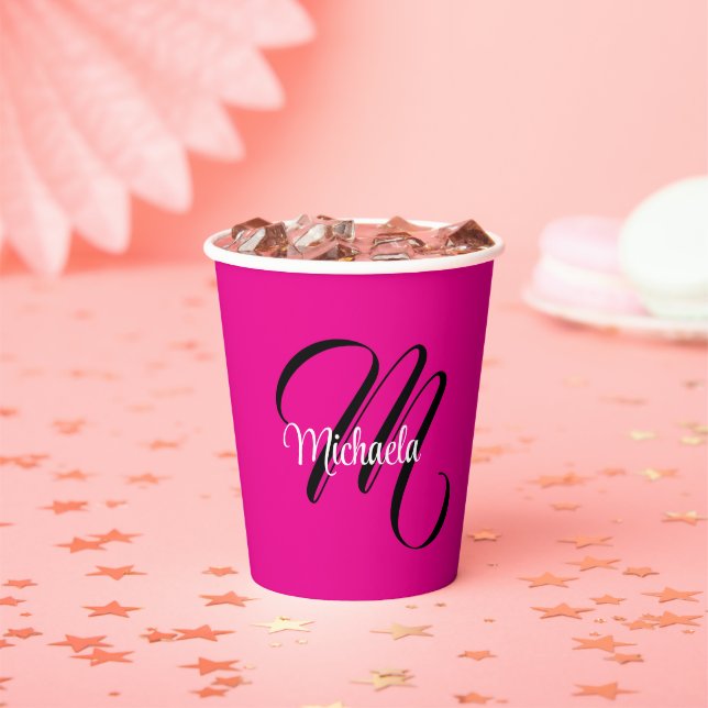 Minimalistic modern monogram initial name hot pink paper cups (Insitu)