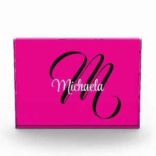 Minimalistic modern monogram initial name hot pink photo block