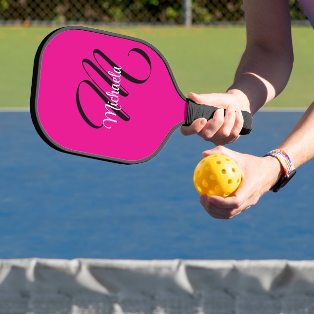 Minimalistic modern monogram initial name hot pink pickleball paddle (Insitu)