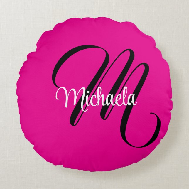 Minimalistic modern monogram initial name hot pink round cushion (Front)