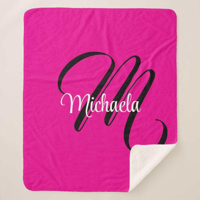 Minimalistic modern monogram initial name hot pink sherpa blanket (Front)