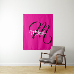Minimalistic modern monogram initial name hot pink tapestry