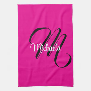 Minimalistic modern monogram initial name hot pink tea towel