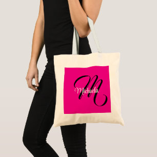 Minimalistic modern monogram initial name hot pink tote bag