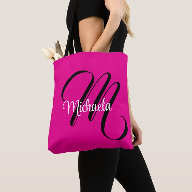 Minimalistic modern monogram initial name hot pink tote bag (Close Up)