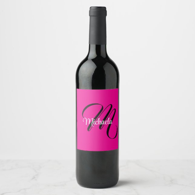 Minimalistic modern monogram initial name hot pink wine label (Front)
