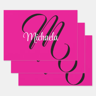 Minimalistic modern monogram initial name hot pink wrapping paper sheet