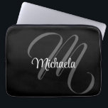 Minimalistic modern monogram initial name laptop sleeve<br><div class="desc">Minimalistic modern monogram initial name black white. Personalizable custom name with a cursive initial behind on a black colour.</div>