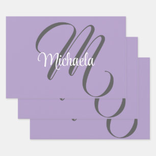 Minimalistic modern monogram initial name purple wrapping paper sheet