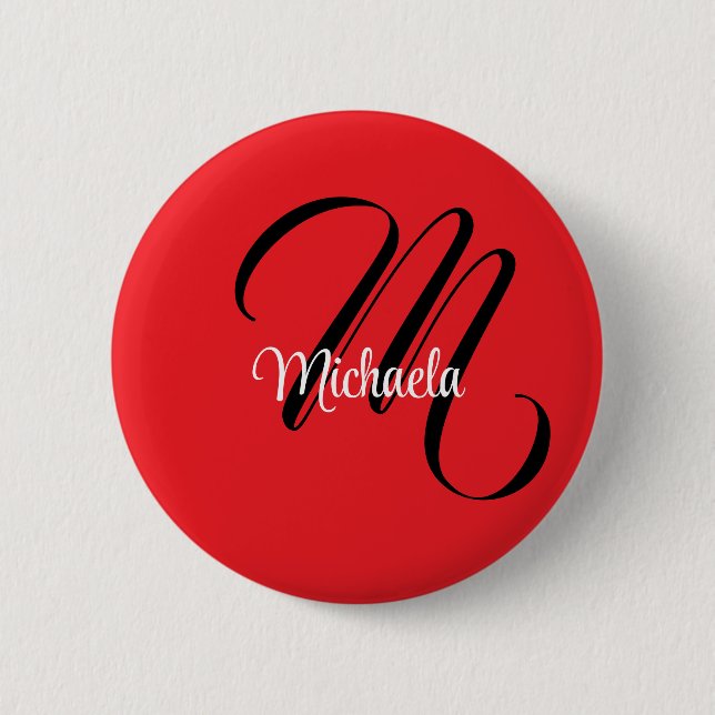 Minimalistic modern monogram initial name red 6 cm round badge (Front)