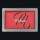 Minimalistic modern monogram initial name red belt buckle<br><div class="desc">Minimalistic modern monogram initial name black white. Personalizable custom name with a cursive initial behind on a red colour.</div>