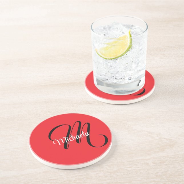 Minimalistic modern monogram initial name red coaster (Side)