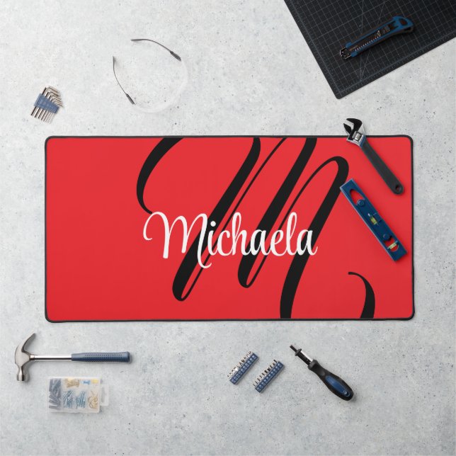 Minimalistic modern monogram initial name red desk mat (Workstation)