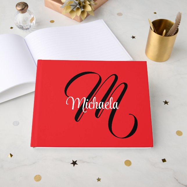 Minimalistic modern monogram initial name red guest book (Front Open)